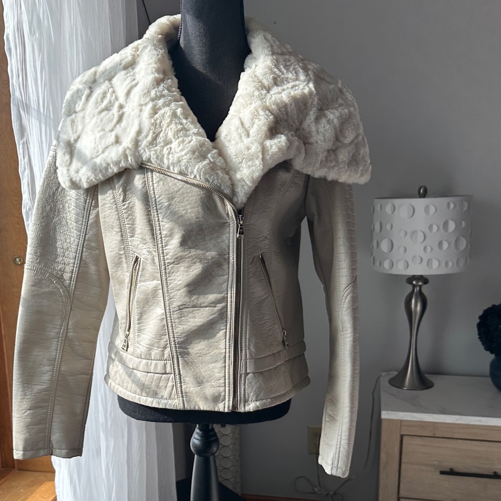 Guess Cream Leather Jacket with Faux Fur Collar